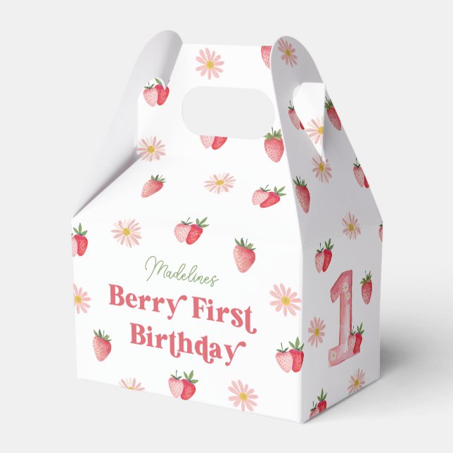 Strawberry and Daisy Berry First Birthday Favor Boxes (Front Side)