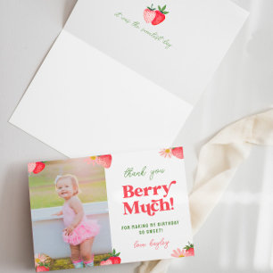 Strawberry and Daisy Pastel Photo Girls Birthday Letterpress Thank You Card