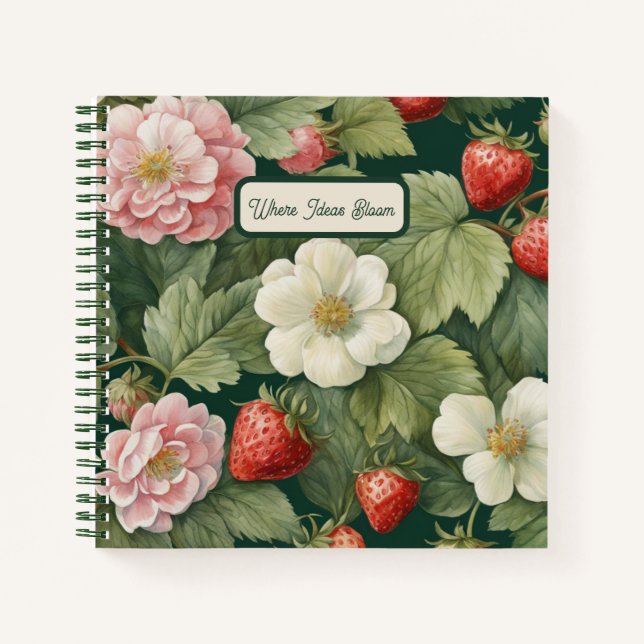 Strawberry and Floral Notes: Square Notebook (Front)
