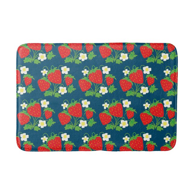 Strawberry and Flower Blue Pattern Bath Mat (Front)