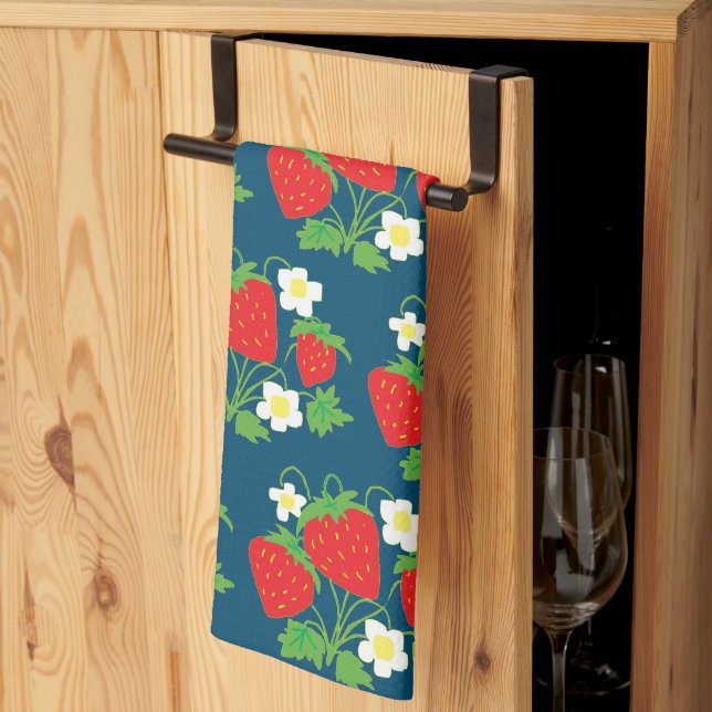 Strawberry and Flower Blue Pattern Kitchen Towel (Thirds Fold)