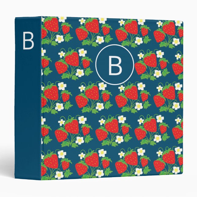 Strawberry and Flower Blue Pattern Monogrammed 3 Ring Binder (Front/Spine)