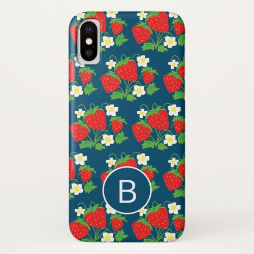 Strawberry and Flower Blue Pattern Monogrammed iPhone XS Case