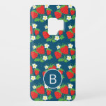 Strawberry And Flower Blue Pattern Monogrammed Case-mate Samsung Galaxy S9 Case at Zazzle