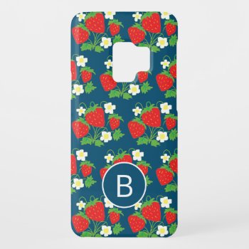 Strawberry And Flower Blue Pattern Monogrammed Case-mate Samsung Galaxy S9 Case by MissMatching at Zazzle