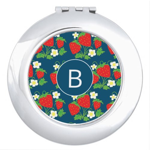 Strawberry and Flower Blue Pattern Monogrammed Compact Mirror