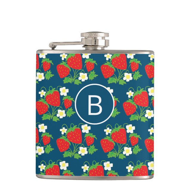 Strawberry and Flower Blue Pattern Monogrammed Flask (Front)