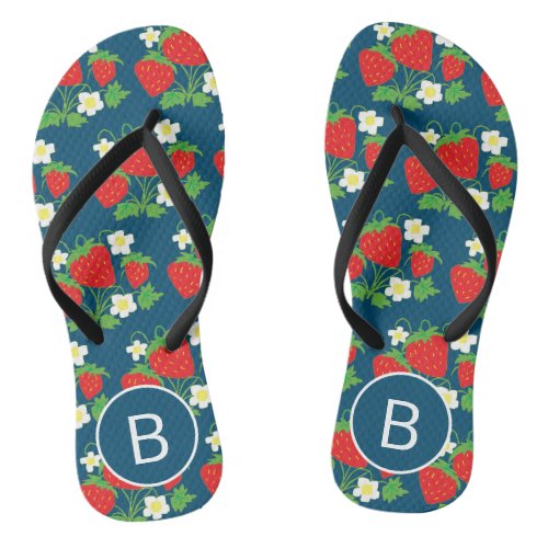 Strawberry and Flower Blue Pattern Monogrammed Flip Flops