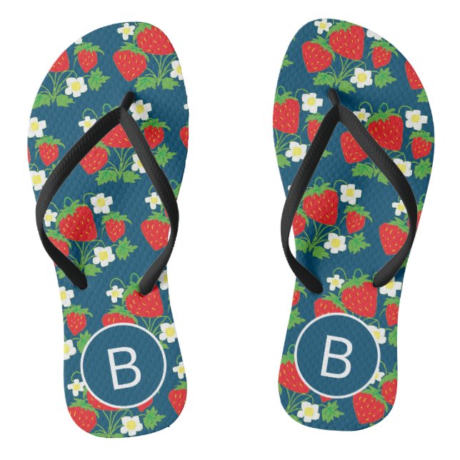 Strawberry and Flower Blue Pattern Monogrammed Flip Flops (Footbed)