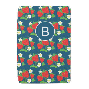 Strawberry and Flower Blue Pattern Monogrammed iPad Mini Cover