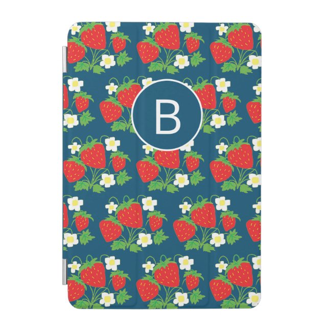 Strawberry and Flower Blue Pattern Monogrammed iPad Mini Cover (Front)