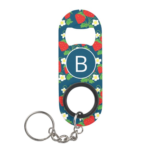Strawberry and Flower Blue Pattern Monogrammed Keychain Bottle Opener (Front)