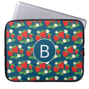 Strawberry and Flower Blue Pattern Monogrammed Laptop Sleeve