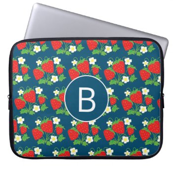 Strawberry And Flower Blue Pattern Monogrammed Laptop Sleeve by MissMatching at Zazzle