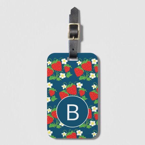 Strawberry and Flower Blue Pattern Monogrammed Luggage Tag