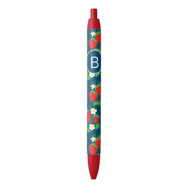 Strawberry and Flower Blue Pattern Monogrammed Pen (Front Vertical)