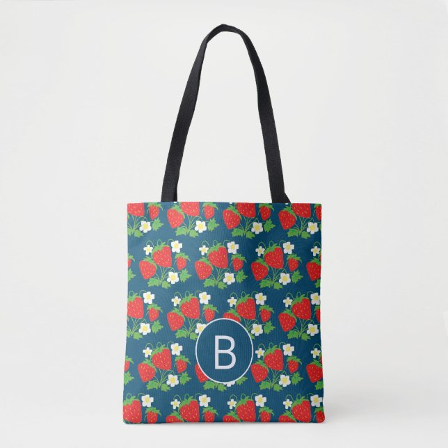Strawberry and Flower Blue Pattern Monogrammed Tote Bag (Front)