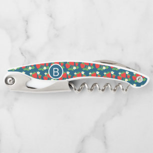 Strawberry and Flower Blue Pattern Monogrammed Waiter's Corkscrew