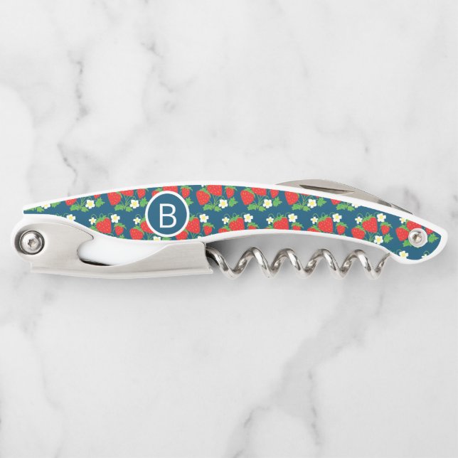 Strawberry and Flower Blue Pattern Monogrammed Waiter's Corkscrew (Front)