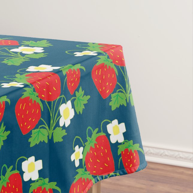 Strawberry and Flower Blue Pattern Tablecloth (In Situ)