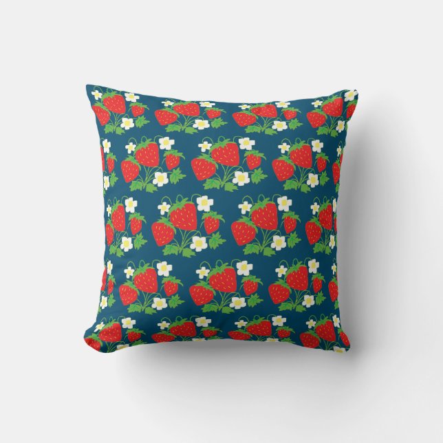 Strawberry and Flower Blue Pattern Throw Pillow (Front)