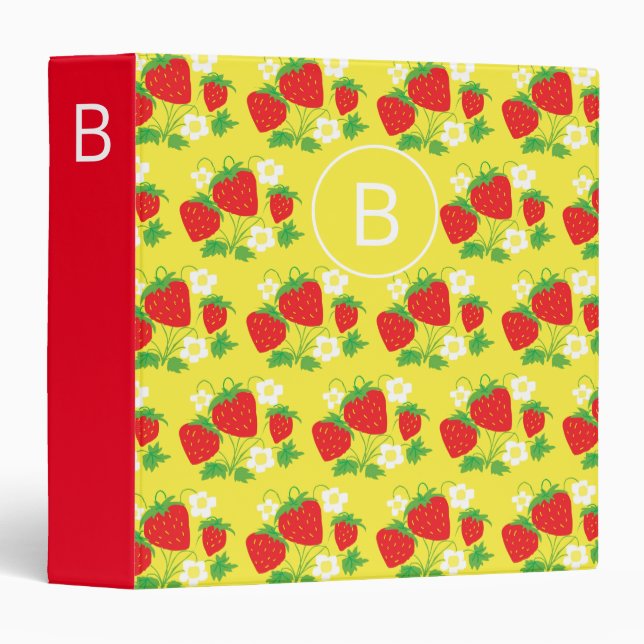 Strawberry and Flower Yellow Pattern Monogrammed 3 Ring Binder (Front/Spine)