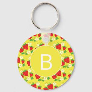 Strawberry and Flower Yellow Pattern Monogrammed Keychain