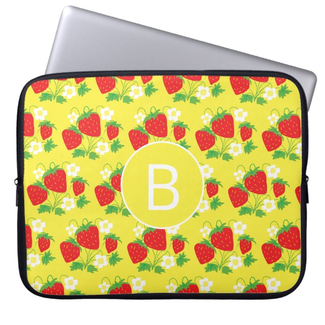 Strawberry and Flower Yellow Pattern Monogrammed Laptop Sleeve (Front)