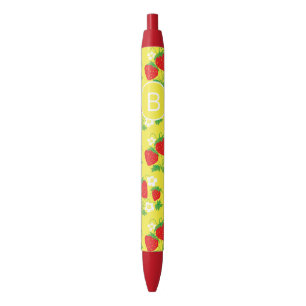 Strawberry and Flower Yellow Pattern Monogrammed Pen