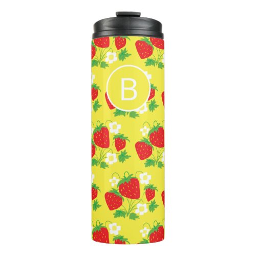 Strawberry and Flower Yellow Pattern Monogrammed Thermal Tumbler