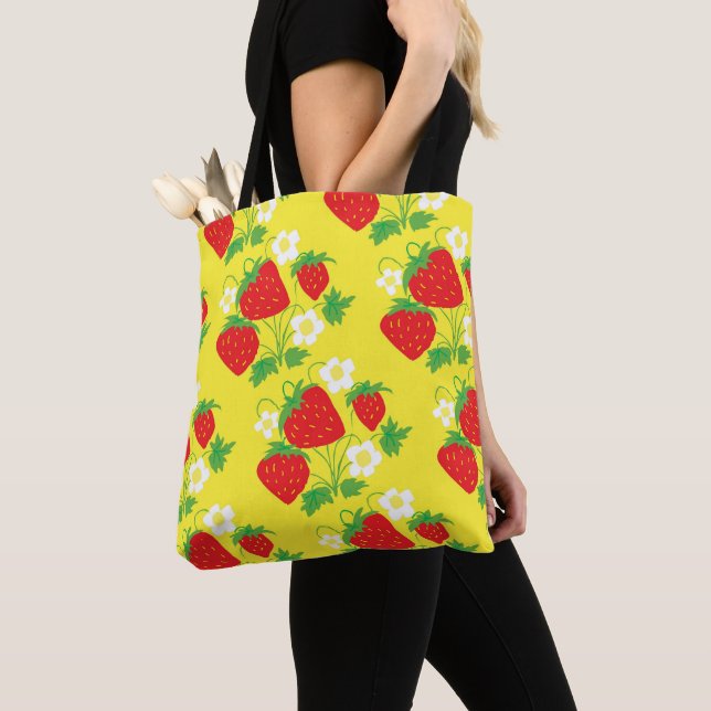 Strawberry and Flower Yellow Pattern Tote Bag (Close Up)