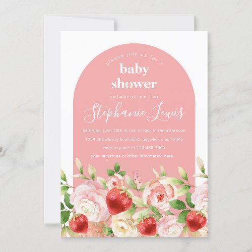Strawberry and Flowers Girl Baby Shower Invitation