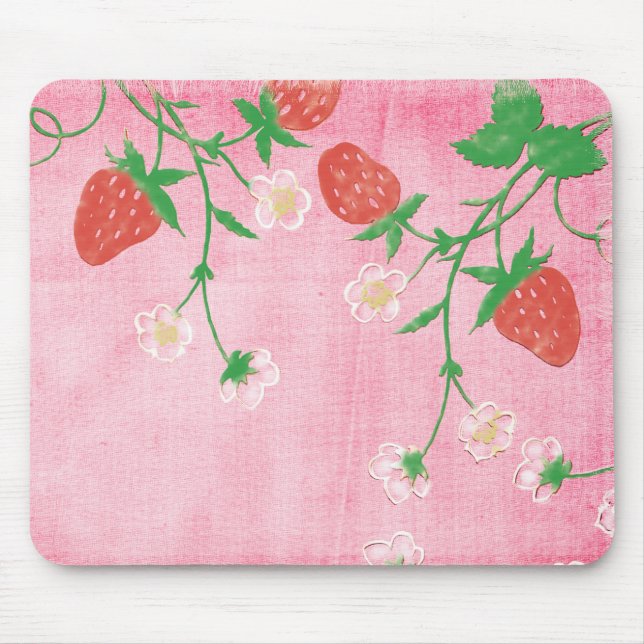 Strawberry and Flowers On Pink Mouse Pad (Front)