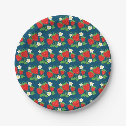 Strawberry and Flowers Pattern Blue Paper Plate