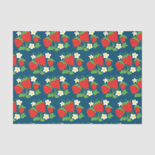 Strawberry and Flowers Pattern Blue Tissue Paper
