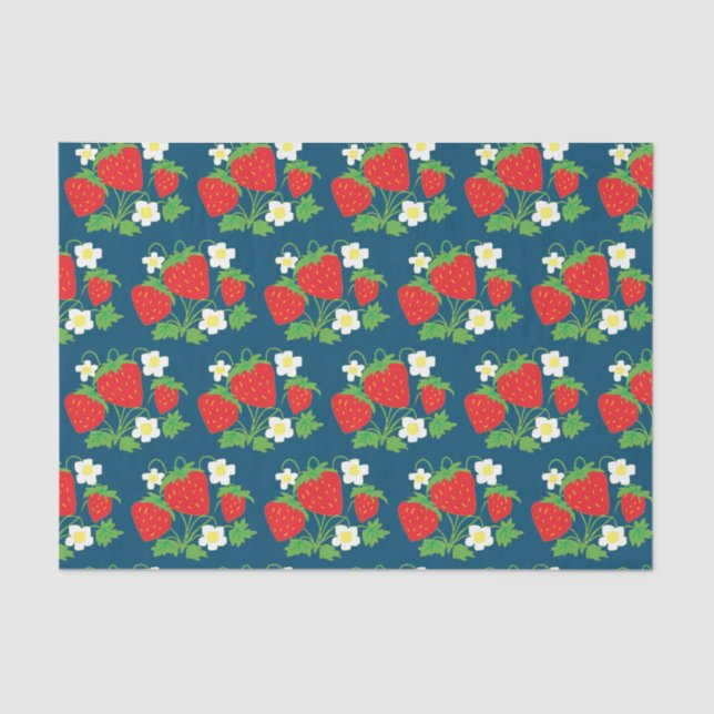 Strawberry and Flowers Pattern Blue Tissue Paper (Front)