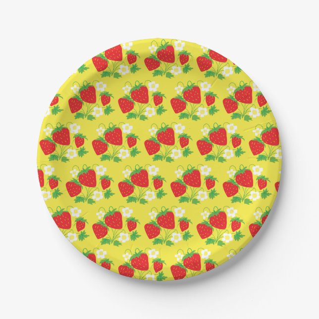 Strawberry and Flowers Pattern Yellow Paper Plates (Front)