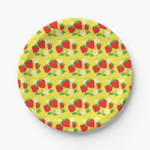 Strawberry and Flowers Pattern Yellow Paper Plates