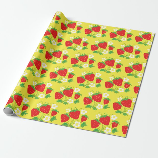 Strawberry and Flowers Pattern Yellow Wrapping Paper (Unrolled)