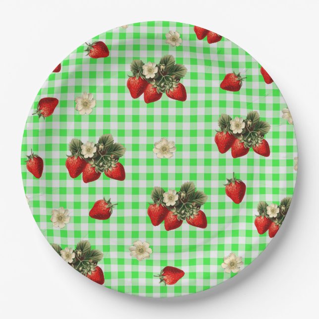 Strawberry and green gingham cute paper plates (Front)