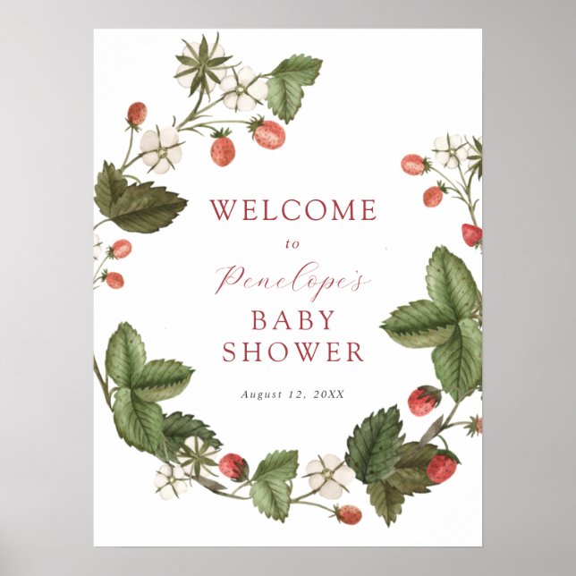 Strawberry and Greenery Baby Shower Welcome Sign (Front)