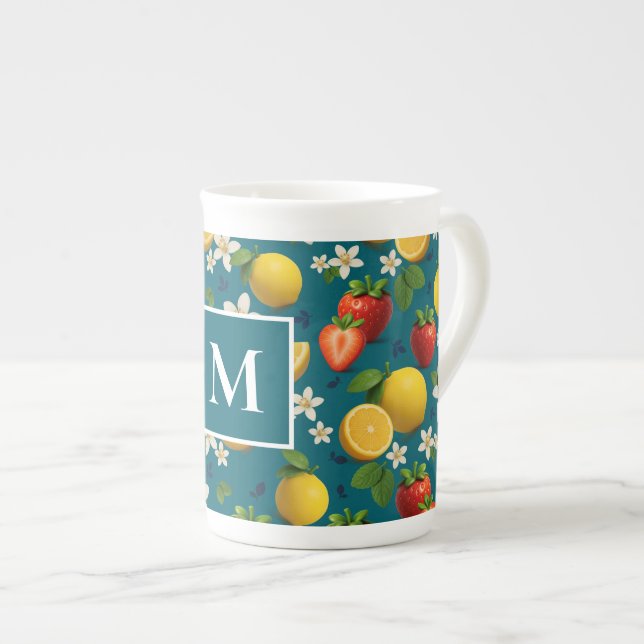 Strawberry and Lemon Blossom Design on Blue Bone China Mug (Front Right)
