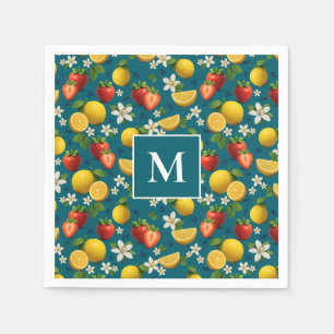 Strawberry and Lemon Blossom Design on Blue Napkins