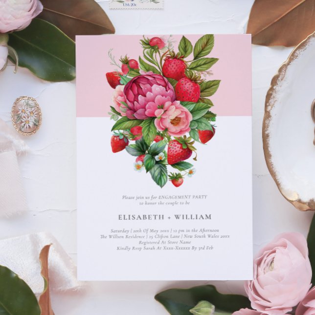 Strawberry and Peonies Summer Engagement Party Invitation (Creator Uploaded)