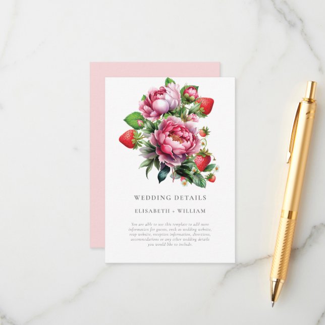 Strawberry and Peonies Summer Wedding Details Enclosure Card (Front/Back In Situ)