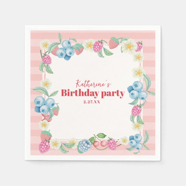 Strawberry and raspberries Birthday Blush Pink Napkins (Front)
