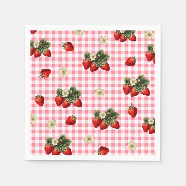 Strawberry and red gingham cute paper napkins (Front)