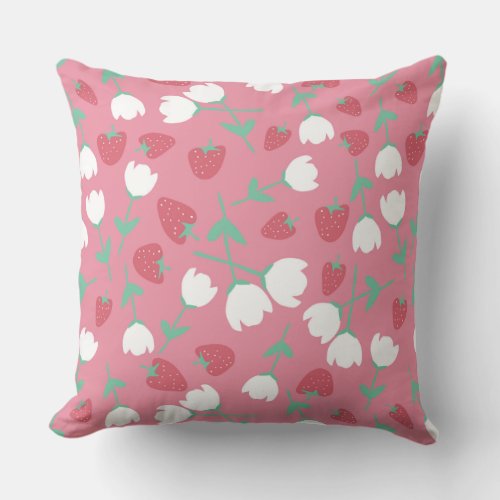 Strawberry and Rose Floral Design Throw Pillow