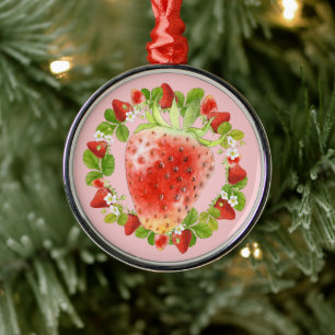 Strawberry and Strawberry Blossom Metal Ornament