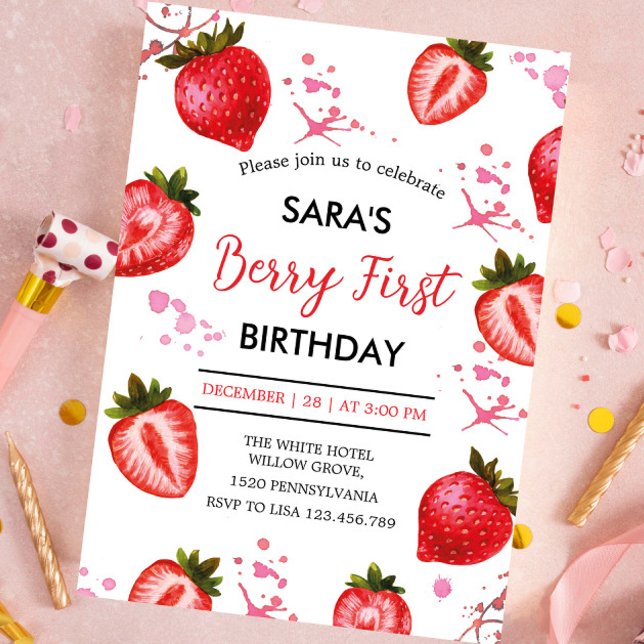Strawberry and White Party 1st Birthday for Girl Invitation (Creator Uploaded)